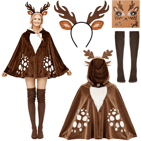 VETPW 5 Pcs Reindeer Costume Adult Tutu Skirt with Reindeer Headband Temporary Tattoos Socks Deer Cosplay Costume Halloween Christmas Fancy Dress Outfits for Women Brown Reindeer Cloak Elk