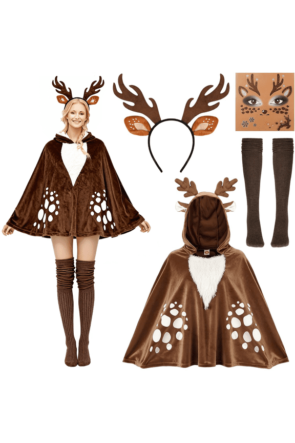 5 Pcs Reindeer Costume Adult Tutu Skirt with Reindeer Headband Temporary Tattoos Socks Deer Cosplay Costume Halloween Christmas Fancy Dress Outfits for Women Brown Reindeer Cloak Elk