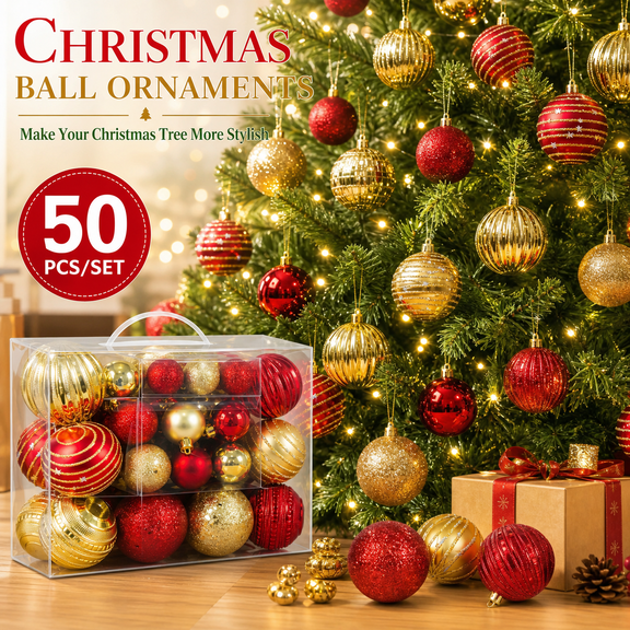 VETPW 50 PCS Christmas Ball Ornaments, Red and Gold Hanging Baubles Set with 6cm 4cm 3cm Balls, Mixed Matte Shiny Glitter Striped Designs for Christmas Tree Holiday Party Home Seasonal Decor