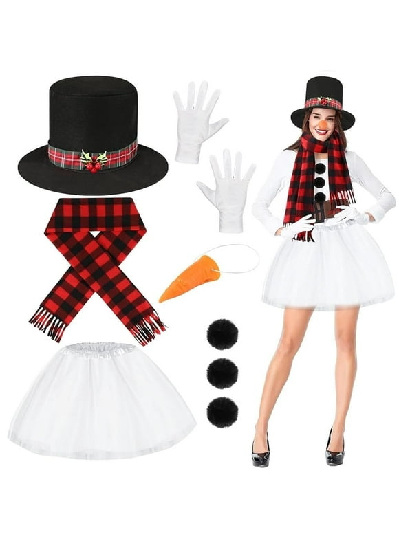 8 Piece Snowman Costume Adult,Snowman Outfit Tutu Skirt Snowman Scarf Christmas Hat Carrot Nose Gloves Pom Pom Balls Christmas Fancy Dress for Women Xmas Party Cosplay Set Accessories