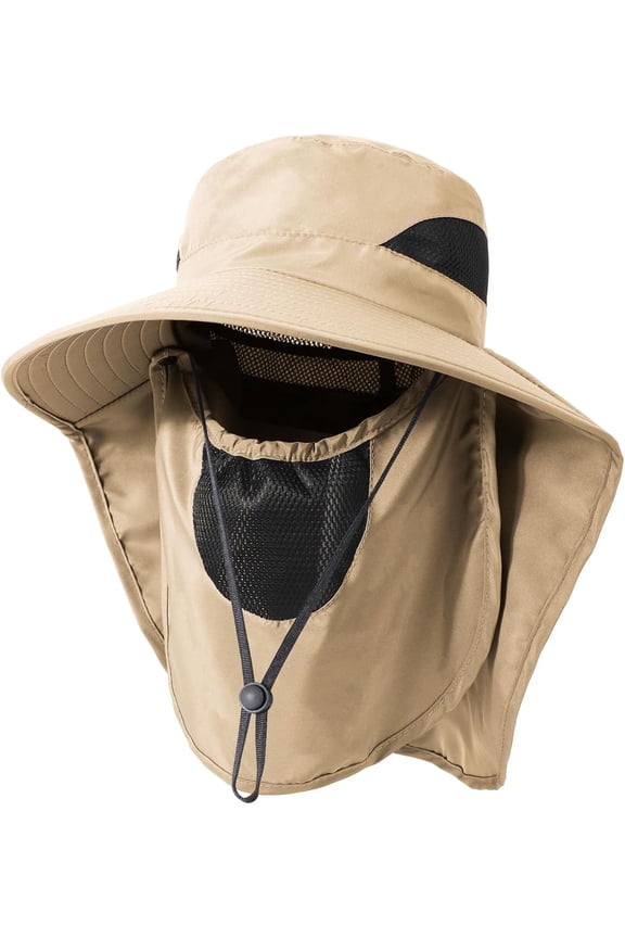 Fishing Hats for Men and Women, Outdoor 3 in 1 Sun Hat with Neck Face Protection UPF 50+ Folding Sun Hat Safari Hat Boonie Hat - with Face Cover & Neck Flap（Beige）