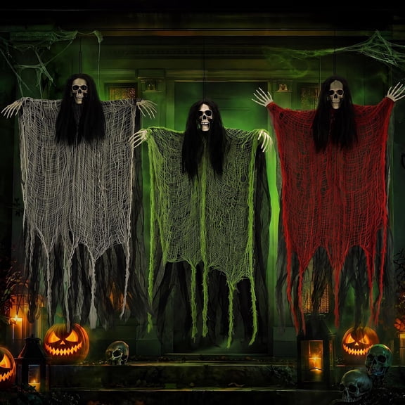 VETPW Halloween Hanging Decorations, 3 Pack 39inch Halloween Hanging Skeleton Ghosts, Scary Colorful Cloth Grim Reapers for Indoor, Outside Yard Lawn, Haunted House Prop, Party Supplies