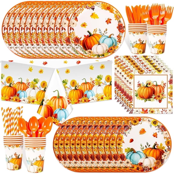 VETPW Thanksgiving Disposable plate, Pumpkin Tablecloth Napkins Cups for Happy Thanksgiving Party Supplies Serves 16 Guests