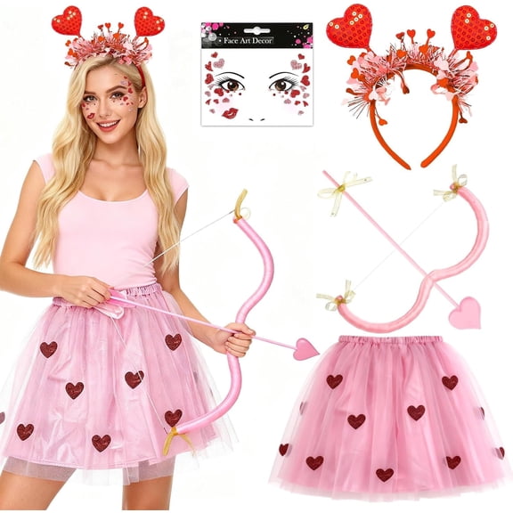 VETPW Valentine's Day glitter heart headband, face stickers, mesh dress, and pink Cupid goddess bow and arrow set for Adult Women