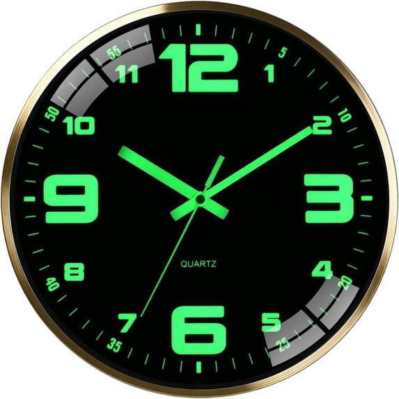 VETPW Wall Clock 12inch, Battery Operated Silent Non-Ticking Glow in The Dark Clocks Analog Small Digital Night Light Up Neon Outdoor Clocks for Living Room Bedroom Kitchen Bathroom Home Decor