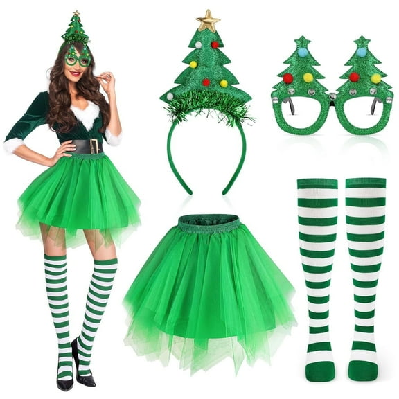 VETPW Women's Christmas Tree Costume Set - Green Tutu Skirt, Christmas Tree Headband, Striped Stockings, Christmas Glasses - Adult, Female - Christmas Party Costume Christmas Outfits for Women