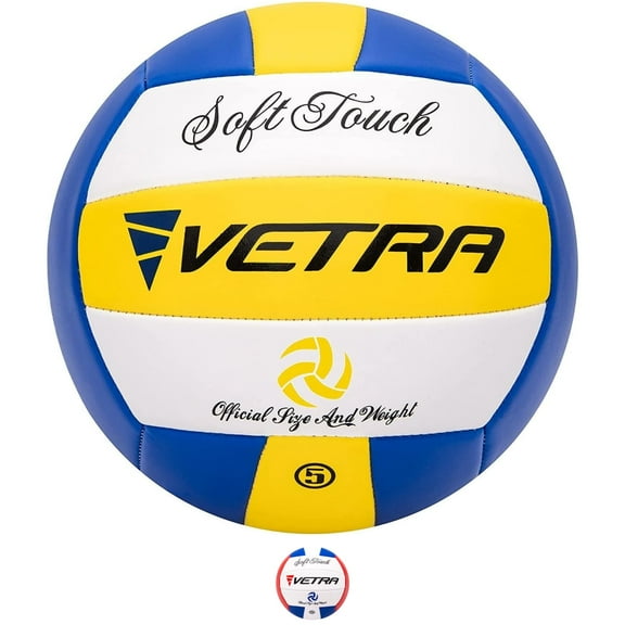 VETRA, Premium Soft Touch Volleyball, Blue/Yellow/White, PVC Cover, 1 Pack, Official Size 5