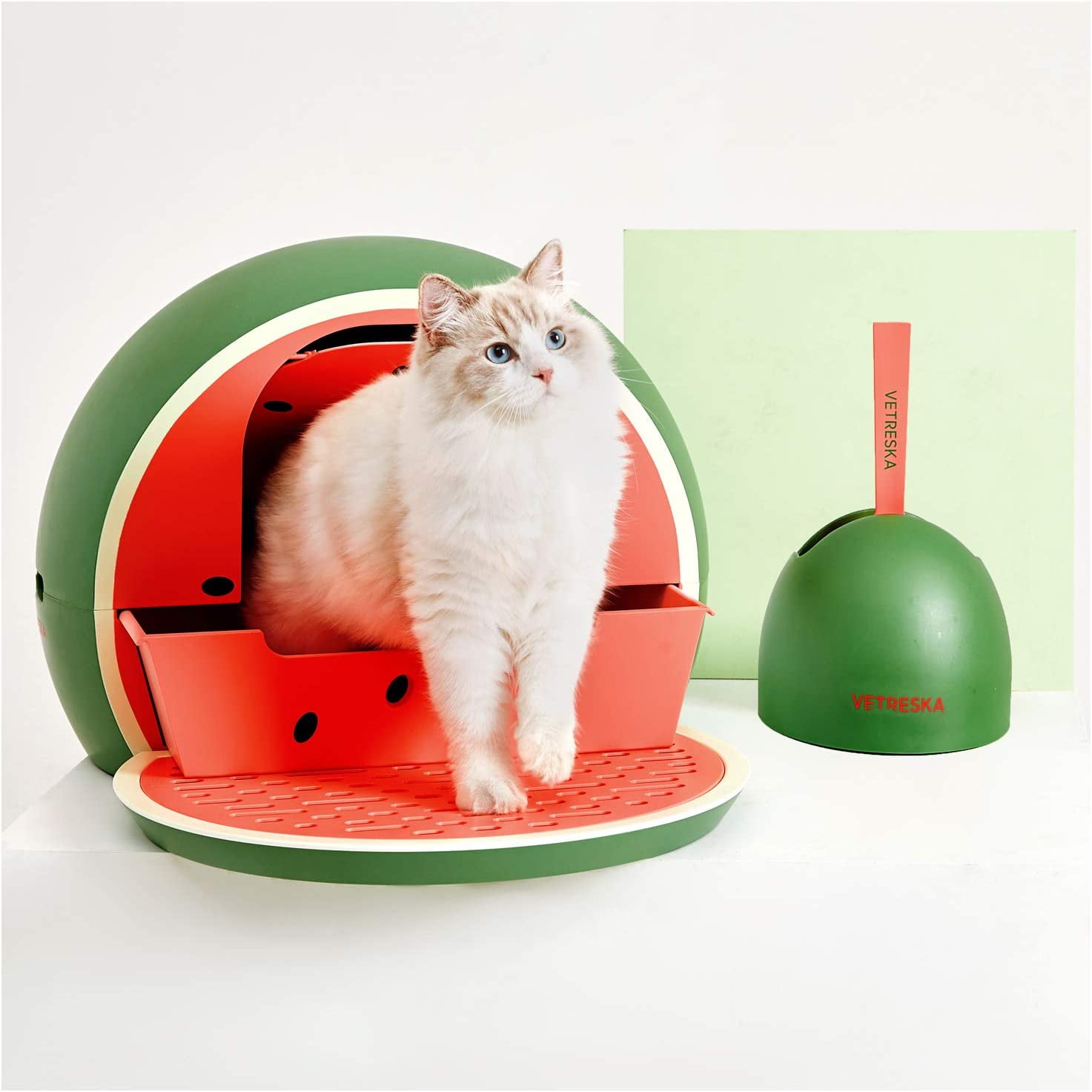 VETRESKA Cat Litter Box with Lid and Scoop Sifting Drawer Red Watermelon Cat Toilet Litter Pan