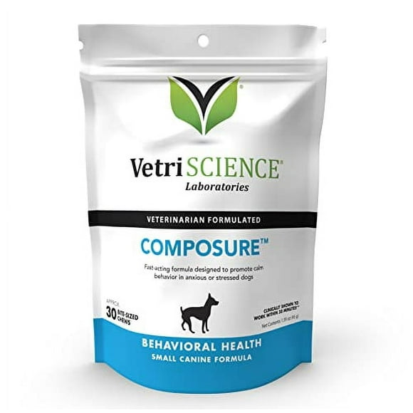 VETRISCIENCE Composure Calming Treats for Small Dogs Dealing with Anxiety, Separation Stress, Noise, Thunder and Barking - Yummy Flavored Chews Pets Love, 30 Chews