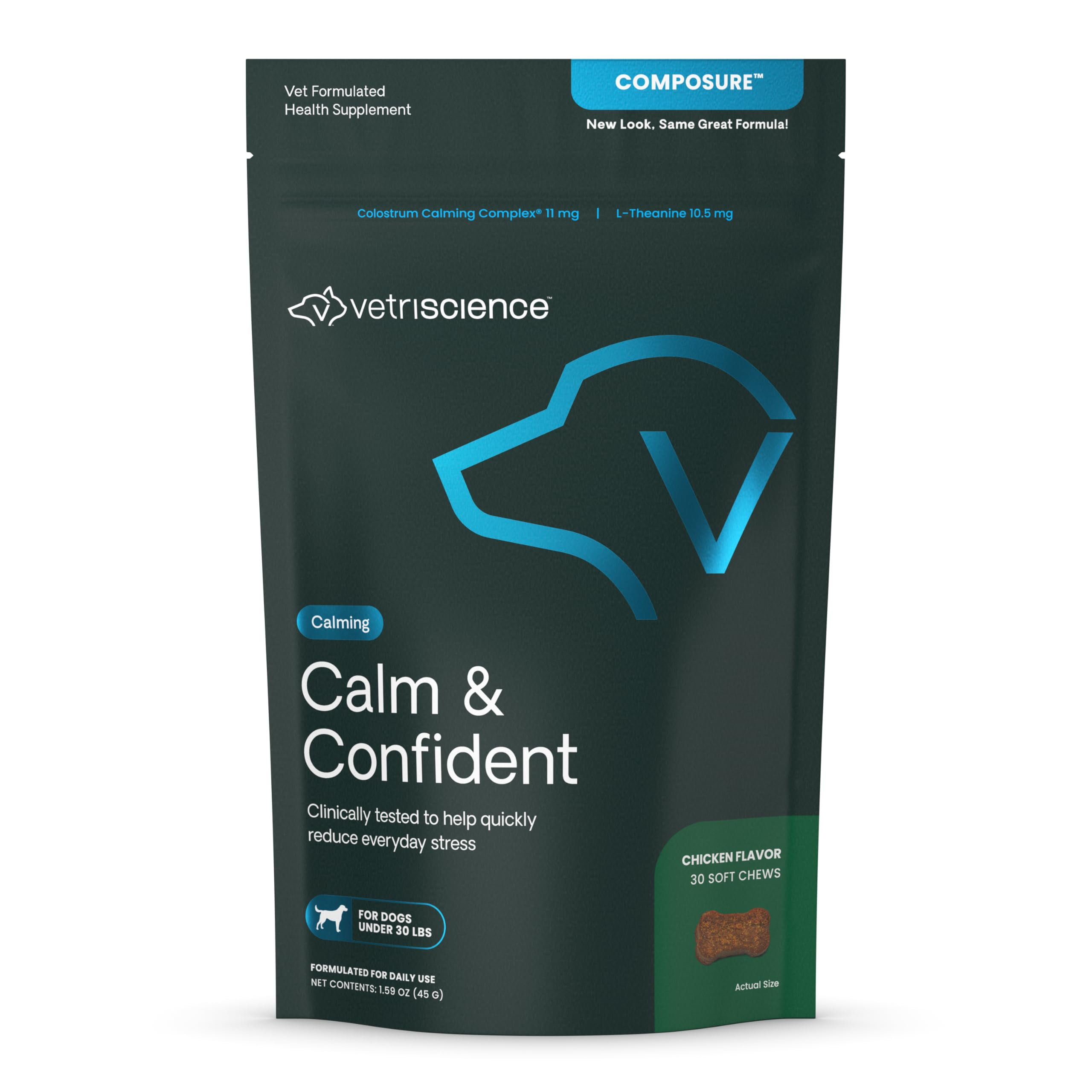 VETRISCIENCE Composure Calming Treats TGF4for Small Dogs and Puppies Anxiety, Separation Stress, Thunder and Barking - Yummy Chews Pets Love, 30 Chews
