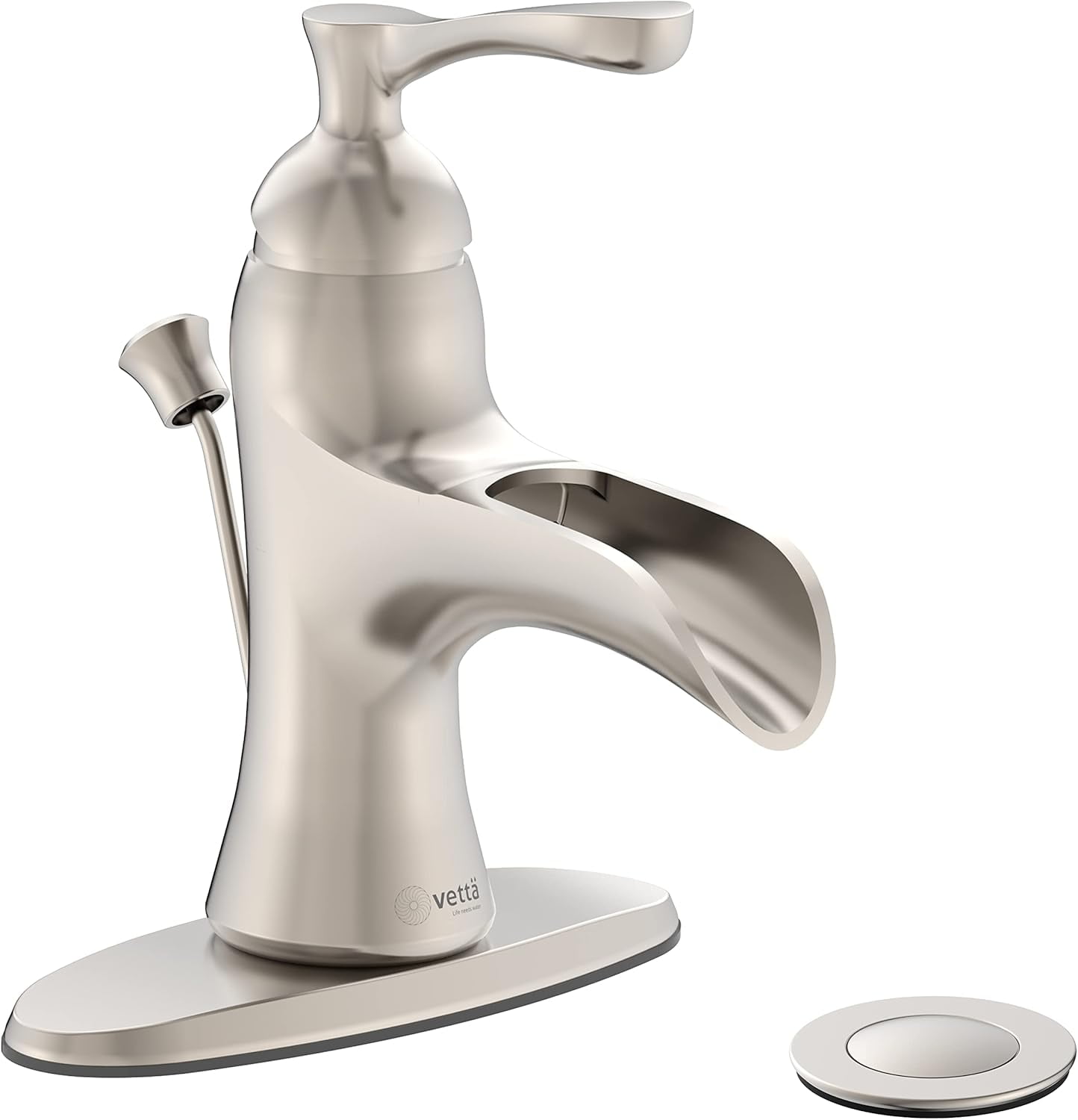 VETTA Single Handle Bathroom Faucet for Sink 1-3 Hole Low-Arc Waterfall with Lift-and-pul Drain Assembly for Bars, Vanitys, RVs (Brushed Nickel)