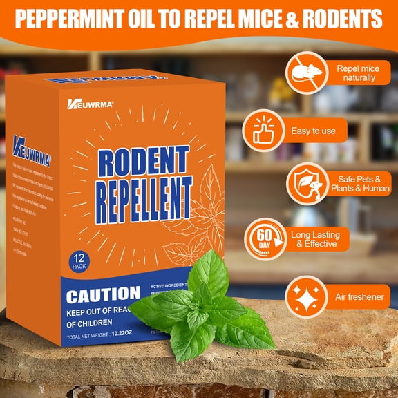 VEUWRMA Rodent Repellent Pouches - 12/8 Pack Natural Peppermint Oil Mouse Repellent, Pet & Kid Safe, 60-Day Long-Lasting, for Kitchen, Storage, RV, Basement