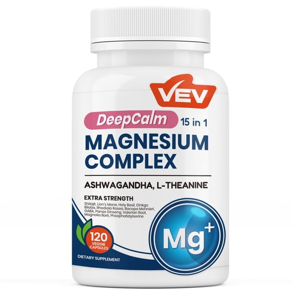 VEV Magnesium Complex 300 mg Capsules, 15-in-1 Magnesium Glycinate & Citrate Supplement, 120 Count