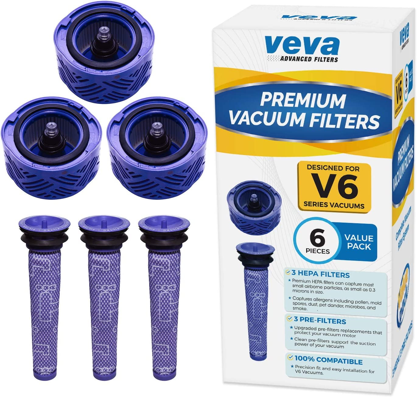 VEVA 6 Pack Premium Vacuum Filter Set with 3 Pre Filters and 3 HEPA