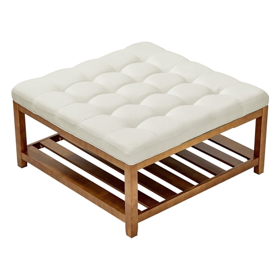 VEVOE Large Square Ottoman Coffee Table, 34.5 Inch Tufted Coffee Table with Solid Wood Shelf Storage, Linen Solid Upholstered Footrest Ottoman for Bedroom Living Room, 400 LBS, Off-White