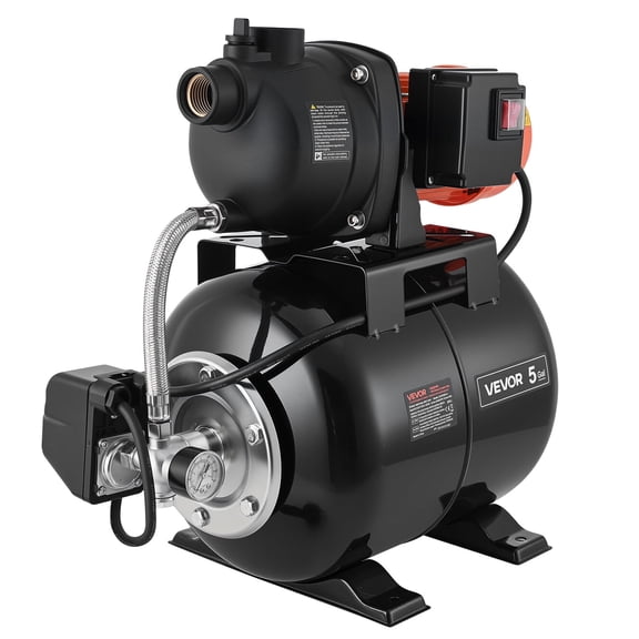 VEVOR 1.1 HP Shallow Well Pump with Pressure Tank, 120V 1320 GPH, Plastic Irrigation Jet Pump with 5gal Tank, Automatic Water Booster Transfer System, 20/40 PSI Pressure Switch, for Home Garden Lawn