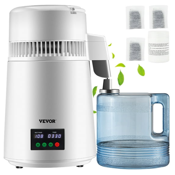 VEVOR 1.1Gal Water Distiller,0.3Gal/H, 750W Distilled Water Maker Machine 0-99H Timing Set Temp Display,304 Stainless Steel Countertop Distiller Plastic Carafe Cleaning Powder 3 Carbon Packs,White