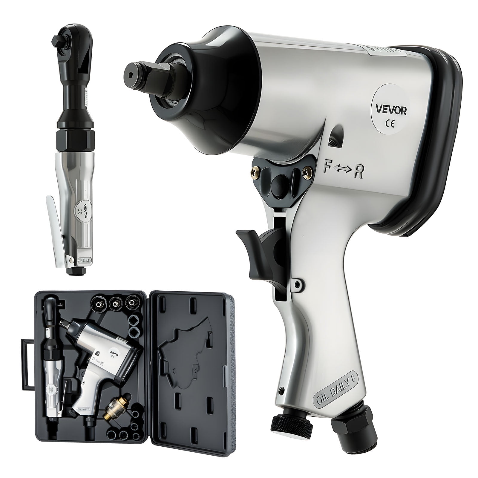 VEVOR 1/2" Air Impact Wrench & 3/8" Ratchet Wrench Combo, 19 Pieces Pro Air Tool and Accessories Kit - Includes 10PCS CR-V Steel Impact Socket Set & Carrying Case for Auto Repair, Home DIY Projects