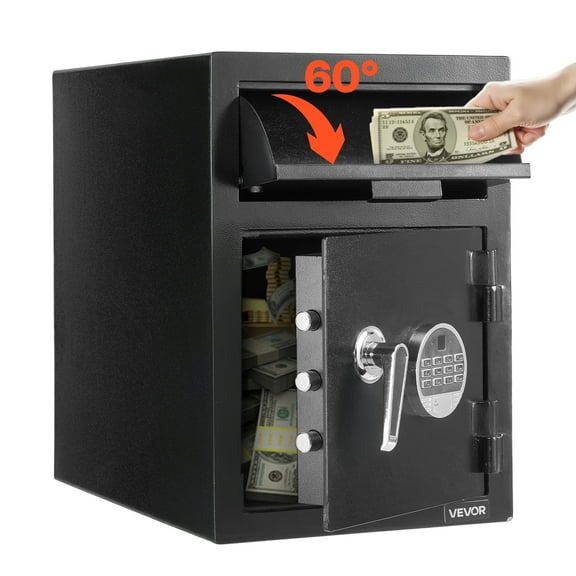 VEVOR 1.2 Cubic Feet Drop Safe,Large Capacity Front Drop Slot Safe Box with Digital Keypad, Heavy Duty 2 Tiers Cash Depository Box with Spare Keys for Cash, Bank Slip, Jewelry, Document, Bill, Black