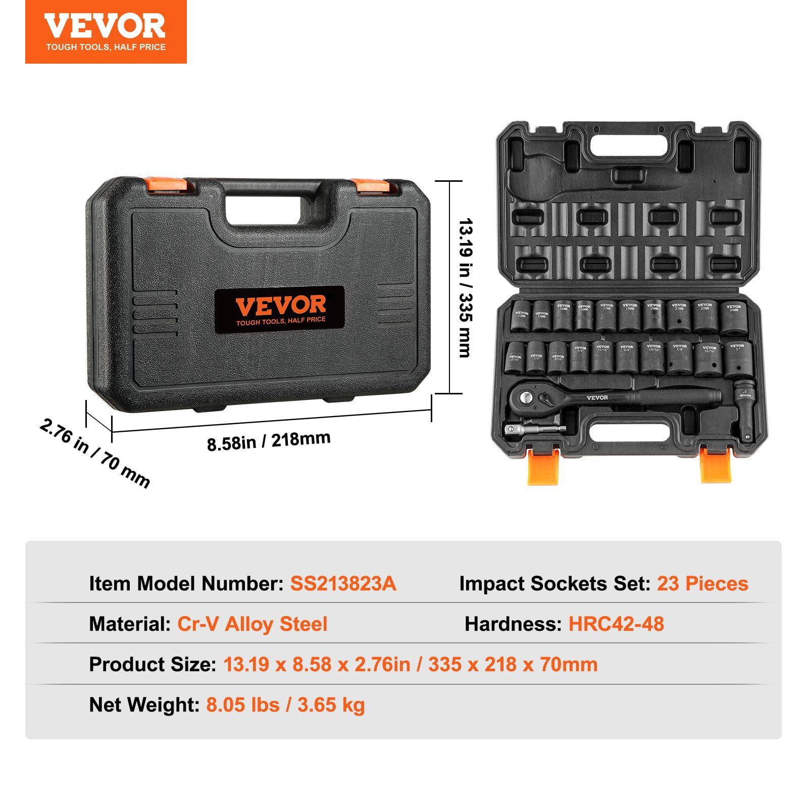 VEVOR 1/2" Drive Impact Socket Set, 23 Piece Socket Set SAE (7/16" -1 ...