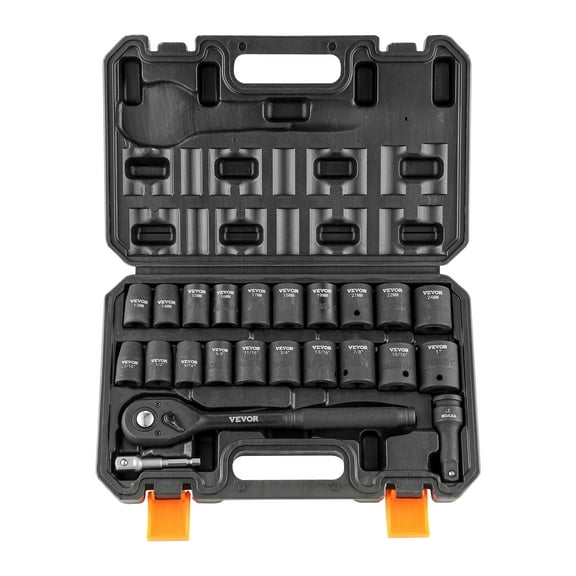 VEVOR 1/2" Drive Impact Socket Set, 23 Piece Socket Set SAE (7/16" -1")& Metric (13-24mm)6 Point Cr-V Alloy Steel for Auto Repair with Ratchet Handle Rugged Construction Storage Case