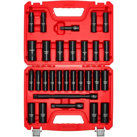 VEVOR 1/2 in Drive Impact Socket Set, 29 Piece, 6 Point Deep Impact Sockets, SAE (3/8 to 1 inch) and Metric (10 to 24 mm) Sizes with Extension Bars (3, 5, 10 in), Cr-V Steel, Heavy Duty Carrying Case