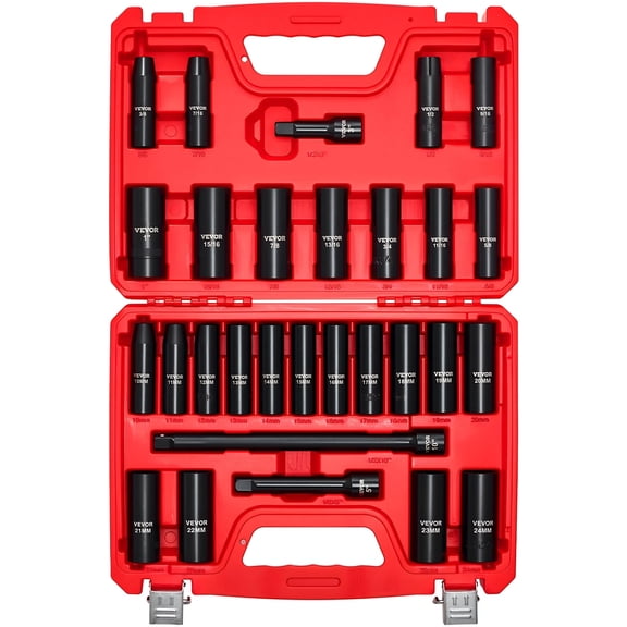 VEVOR 1/2 in Drive Impact Socket Set, 29 Piece, 6 Point Deep Impact Sockets, SAE (3/8 to 1 inch) and Metric (10 to 24 mm) Sizes with Extension Bars (3, 5, 10 in), Cr-V Steel, Heavy Duty Carrying Case