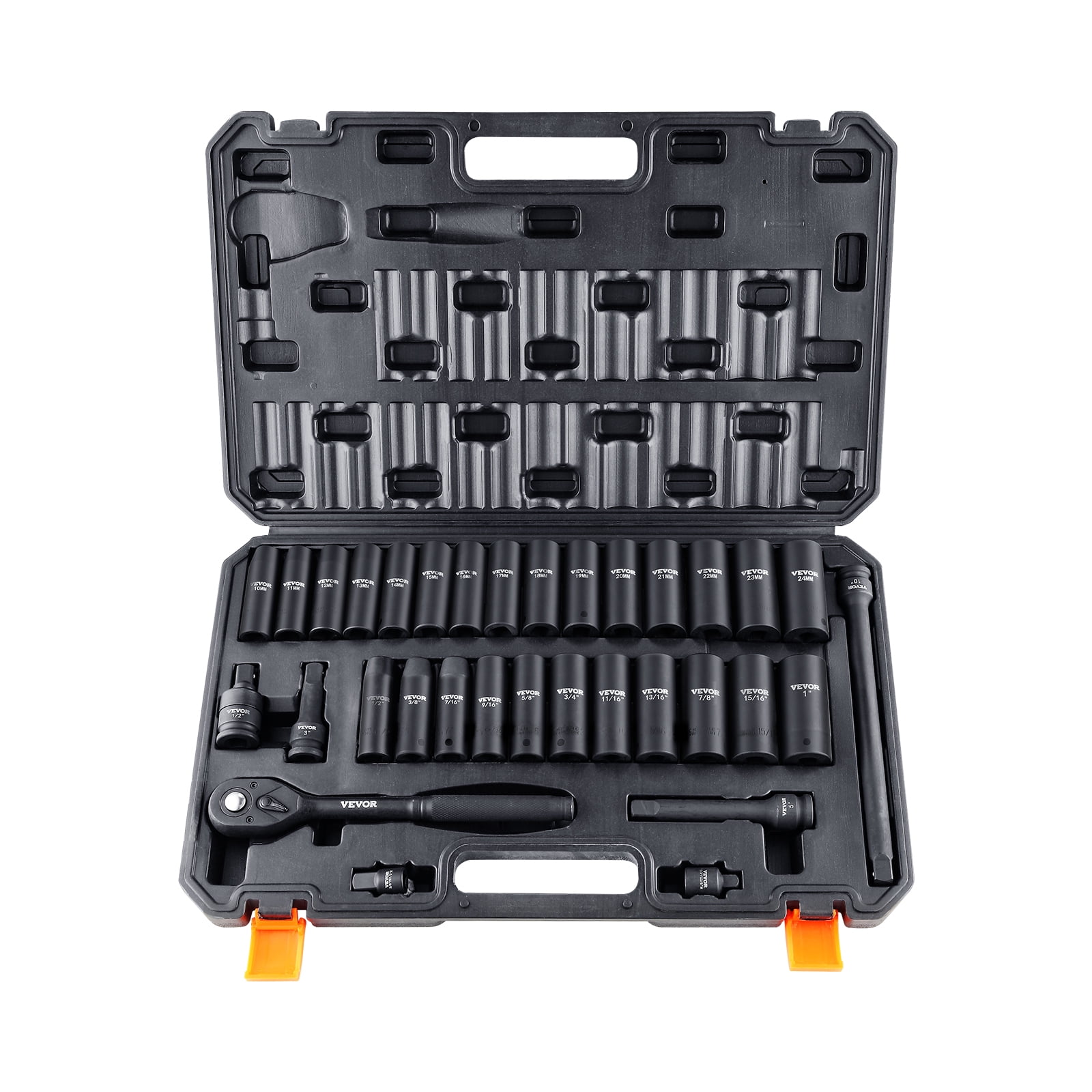 VEVOR 1/2" Drive Impact Socket Set, 33 Piece Socket Set SAE 3/8"-1" and Metric 10-24mm, 6 Point Cr-V Alloy Steel for Auto Repair,Easy-to-Read Size Markings,Rugged Construction,Includes Storage Case