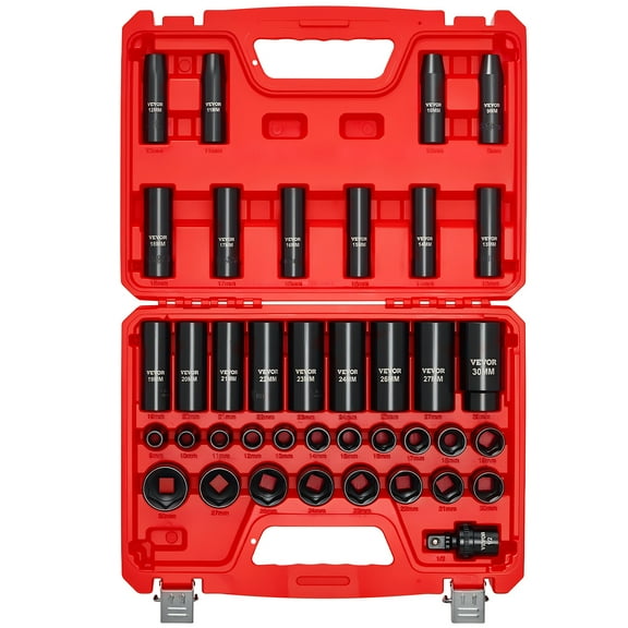 VEVOR 1/2 in Drive Impact Socket Set, 39 Piece, 6 Point Deep & Shallow Impact Sockets, Metric 9 to 30 mm, Cr-V Steel High Durability, with Universal Joint, Dual Size Markings,Heavy Duty Carrying Case