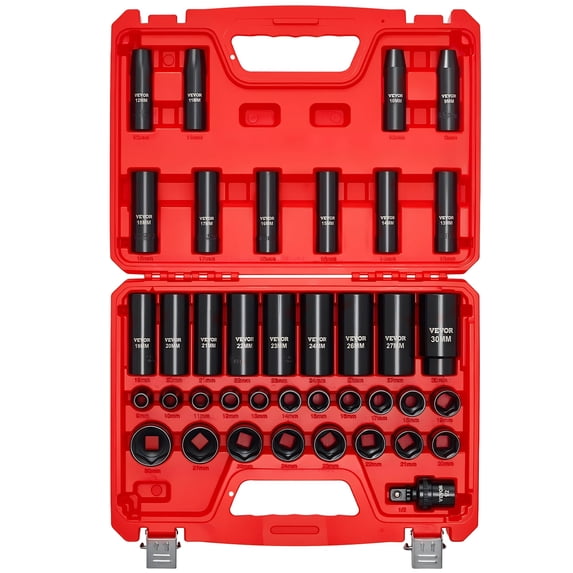 VEVOR 1/2 in Drive Impact Socket Set, 39 Piece, 6 Point Deep & Shallow Impact Sockets, Metric 9 to 30 mm, Cr-V Steel High Durability, with Universal Joint, Dual Size Markings,Heavy Duty Carrying Case