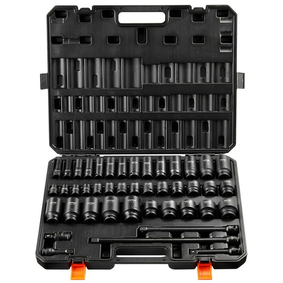 VEVOR 1/2" Drive Impact Socket Set, 43 Piece Deep & Shallow Socket Set SAE 3/8" to 1-1/2", 6 Point Cr-Mo Alloy Steel for Auto Repair, Easy-to-Read Size Markings, Rugged Construction, Storage Case