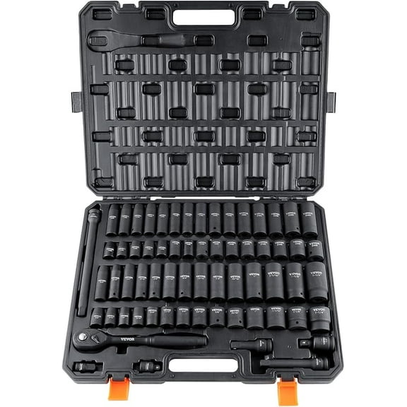 VEVOR 1/2" Drive Impact Socket Set, 65 Piece SAE 3/8" to 1-1/4" and Metric 10-24mm, 6 Point Cr-V Alloy Steel for Auto Repair, Easy-to-Read Size Markings, Rugged Construction, Storage Case