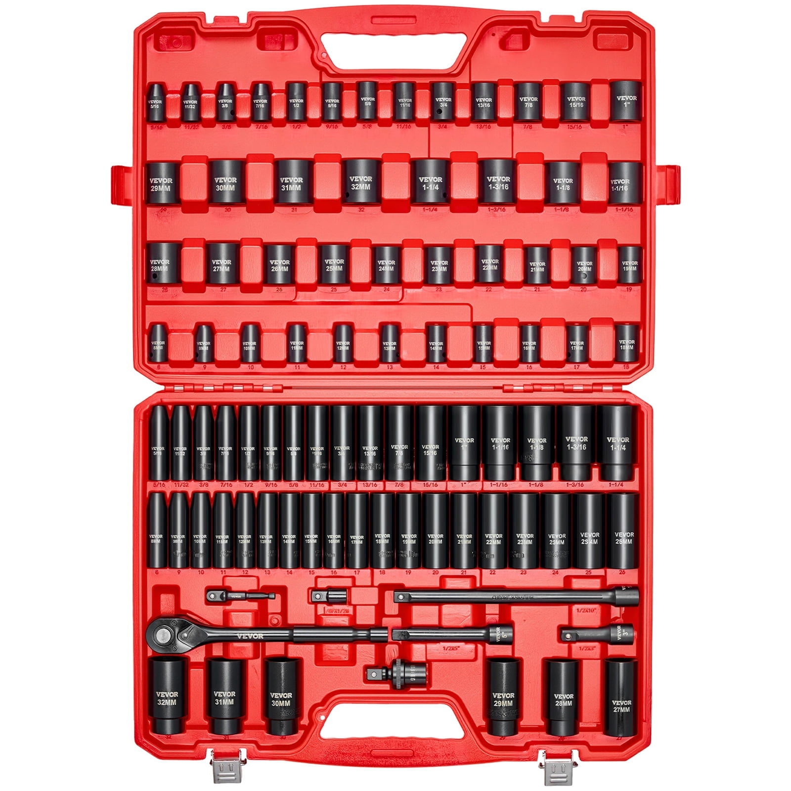 VEVOR 1/2 in Drive Impact Socket Set, 91 Piece, 6 Point Deep & Shallow Impact Sockets, SAE (5/16 to 1-1/4 in) and Metric (8 to 32 mm) Sizes with Extension Bars (3, 5, 10 in), Cr-V Steel,Carrying Case