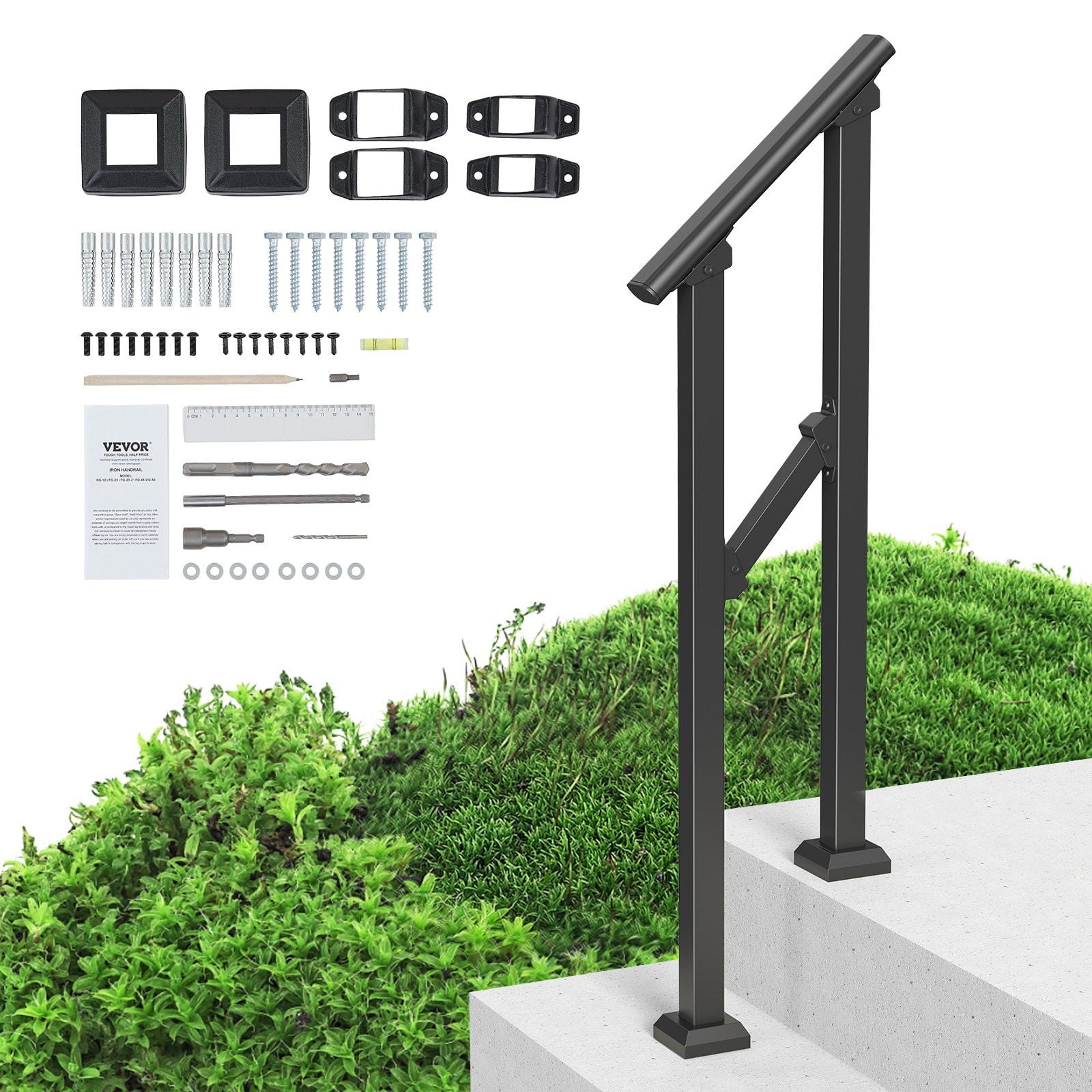 VEVOR 1-2 Handrails for Outdoor for Seniors Porch Deck Black Square ...