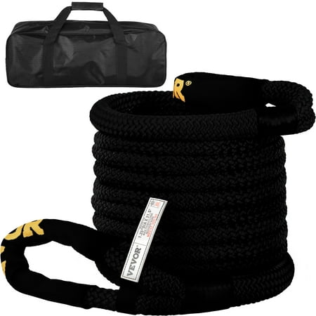 VEVOR 1.25" x 31.5' Recovery Tow Rope, 52,300 lbs, Heavy Duty Nylon Double Braided Kinetic Energy Rope w/ Loops and Protective Sleeves, for Truck Off-Road Vehicle ATV UTV, Carry Bag Included, Black