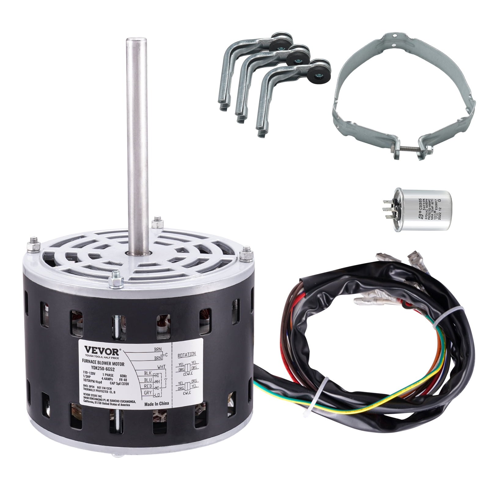VEVOR 1/3HP Furnace Blower Motor, 110/120V 4.4Amps, 1075RPM 4 Speeds, CW/CCW Rotation, 48 Frame 5.2" Shaft Length, 5μF/370V Capacitor + 11" Hold Hoop