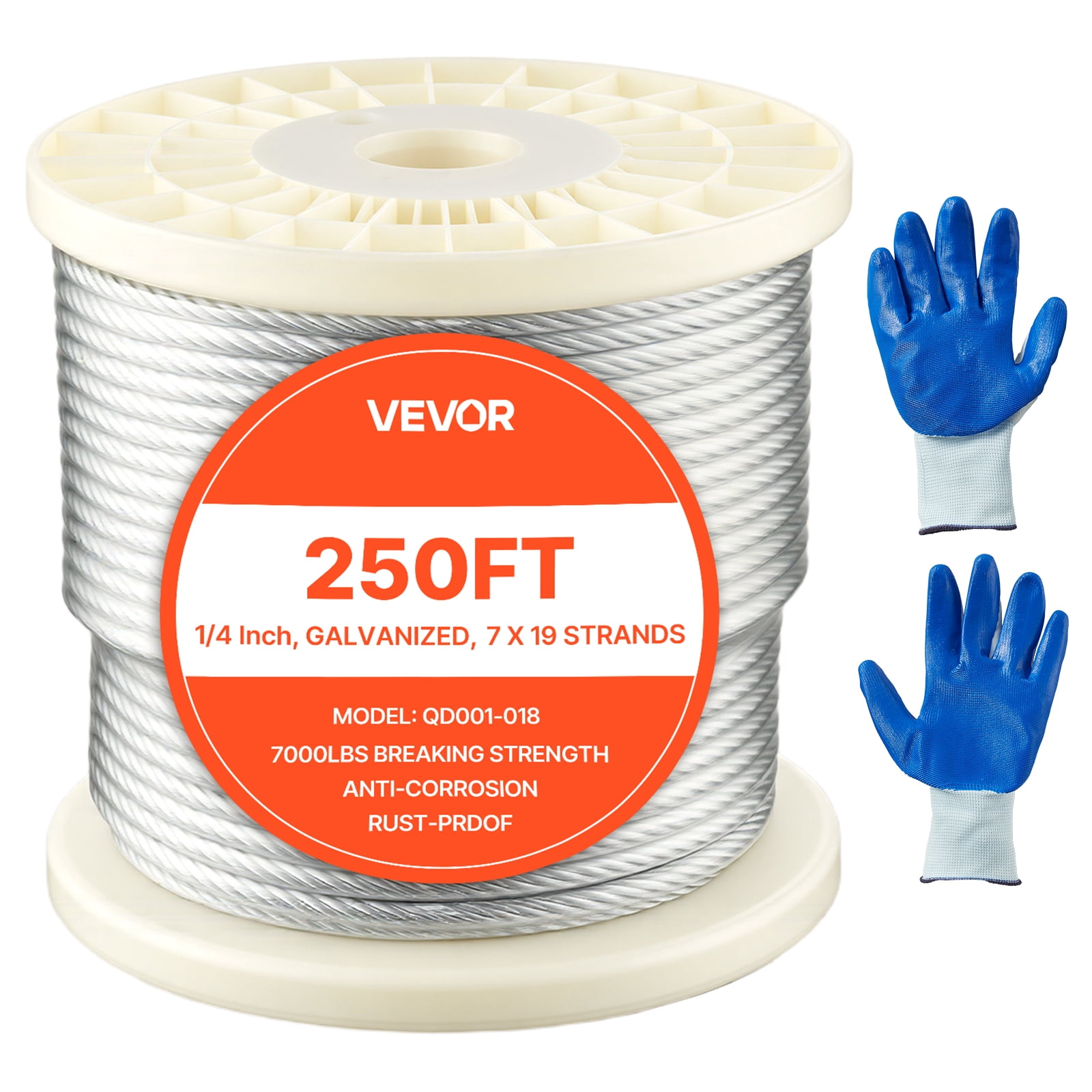 VEVOR 1/4 Inch Wire Rope, 250 ft Length, Zinc Galvanized Carbon Steel ...