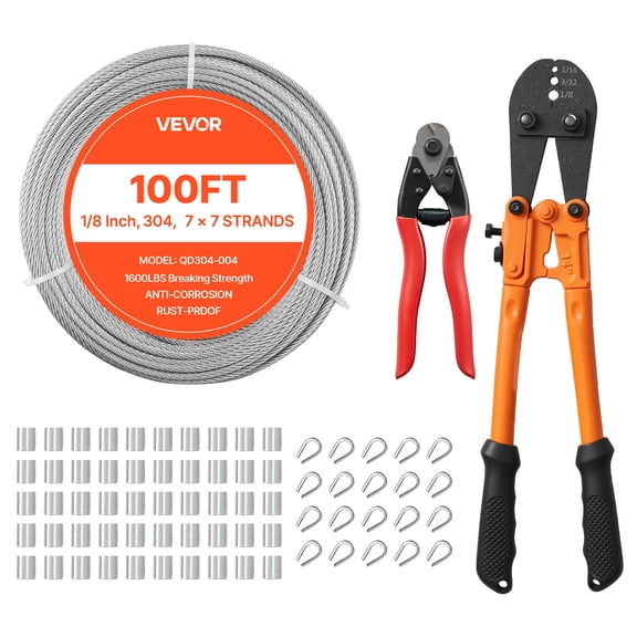 VEVOR 1/8 Inch Wire Rope Kit, 100 ft Length, 304 Stainless Steel Wire Cable with Cutter, 1600 lbs Breaking Strength, 7 x 7 Strands Construction, Steel Cable for Deck Railing System, Garden Trellis
