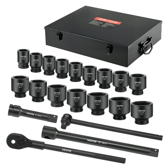 VEVOR 1 in Drive Impact Socket Set, 21 Piece, 6 Point Shallow Impact Sockets, SAE (1-5/8 in to 3-1/8 in), with 8 in & 18 in Extension Bars, 24 in Ratchet, Cr-V Steel, Size Marking, and Carrying Case