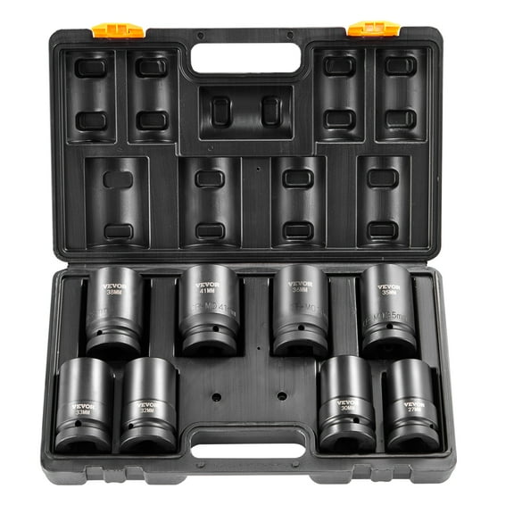 VEVOR 1" Drive Impact Socket Set, 8 Piece Deep Socket Set Metric 27-41mm, 6 Point Cr-Mo Alloy Steel for Auto Repair, Easy-to-Read Size Markings, Rugged Construction, Includes Storage Case