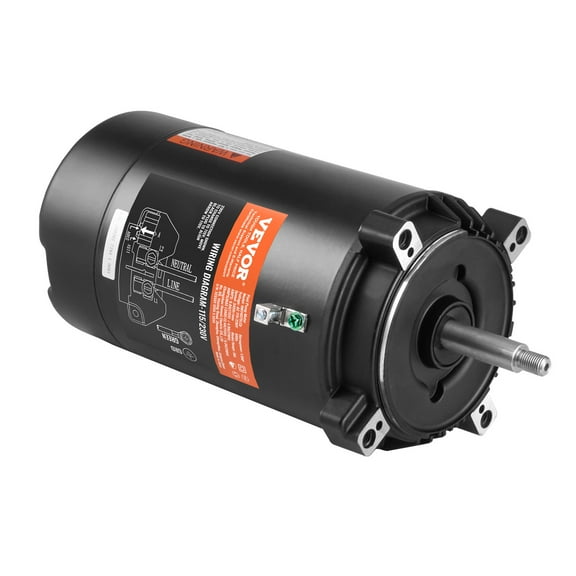 VEVOR 1 HP Pool Pump Motor, 56J Frame, 115V(9.8 Amps)/230V(4.9 Amps) 3450 RPM, 60Hz, 1.4 Service Factor, 90F/250V Capacitor, CCW Rotation Round Flange Replacement Motor