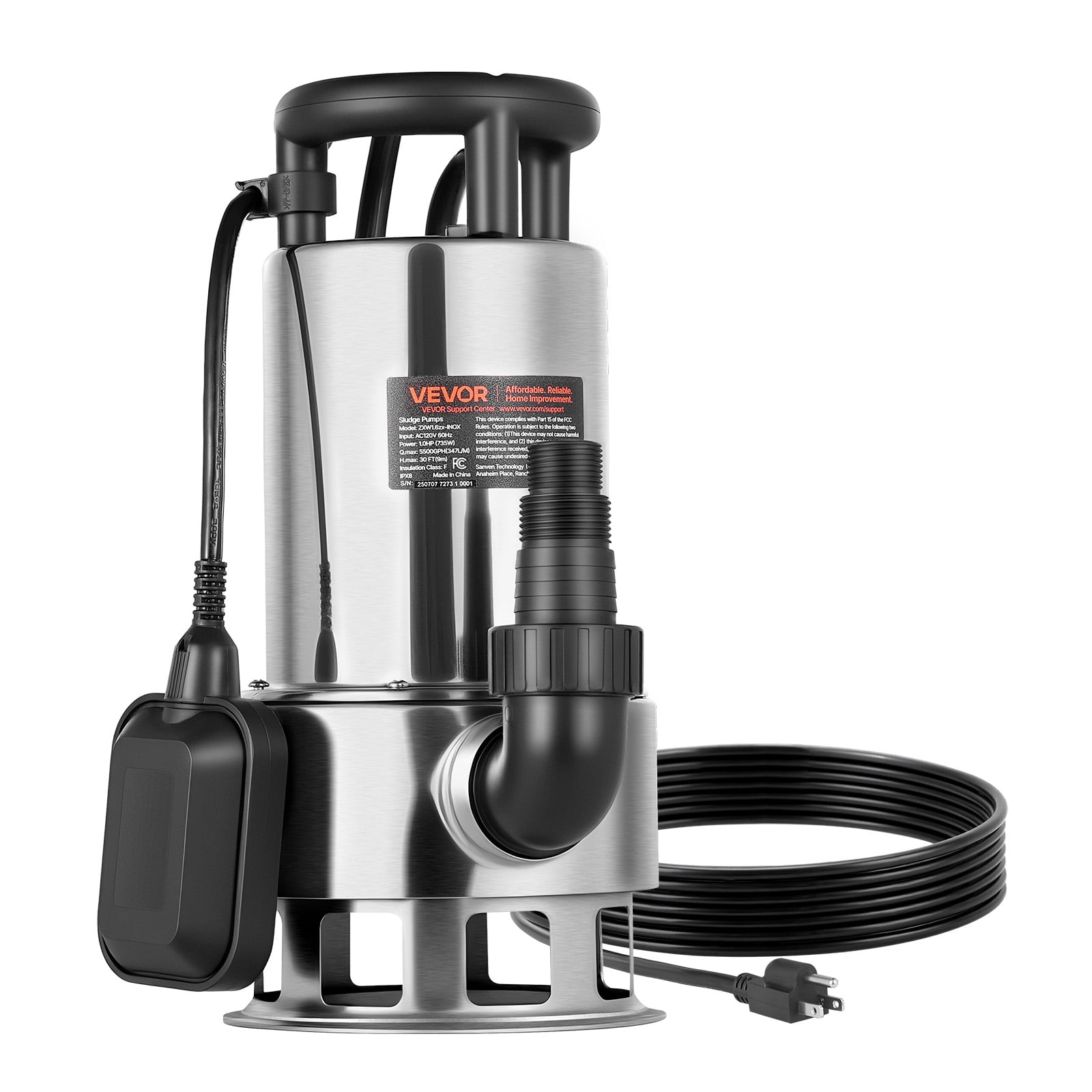 VEVOR 1 HP Submersible Sump Pump, 5500 GPH, Stainless Steel Submersible Sewage Dirty Clean Water Pump with Automatic Float Switch, Long Cord, 30 ft Max Lift, for Pools, Garden, Pond, Flooded Areas