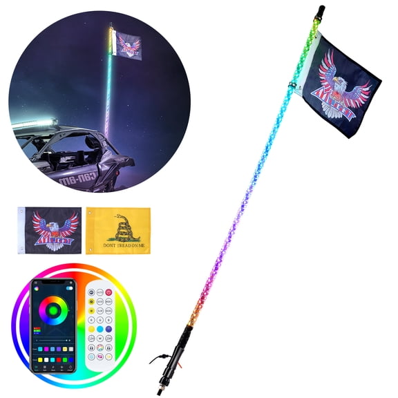 VEVOR 1 PC 3 FT Whip Light, APP & RF Remote Control Led Whip Light, Waterproof 360 Spiral RGB Chasing Lighted Whips with 2 Flags, for UTVs, ATVs, Motorcycles, RZR, Can-am, Trucks, Off-road, Go-karts