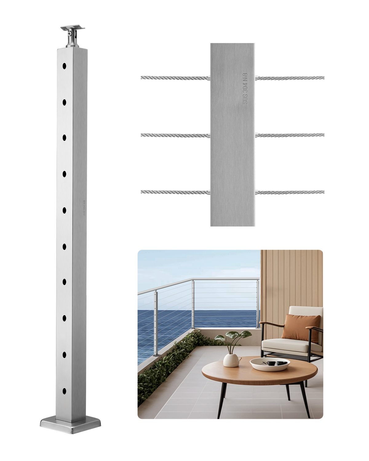 VEVOR 1-Pack Cable Railing Post, 36x2x2 In Horizontal-Hole Deck Railing ...