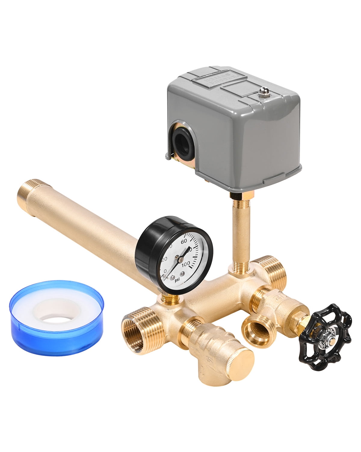 VEVOR Well Pressure Tank Tee Kit – 7-Piece Brass Set With 40/60 PSI Switch, Gauge & Relief Valve – Fits Most 16-Inch Tanks