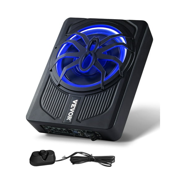 VEVOR 10" 440W Underseat Car Subwoofer, Slim Powered Car Subwoofers with Blue Ambient Light, Low Profile Audio Sub Under the Seat with Built-in Amplifier, Remote Controller for SUVs, Car, Truck, RV
