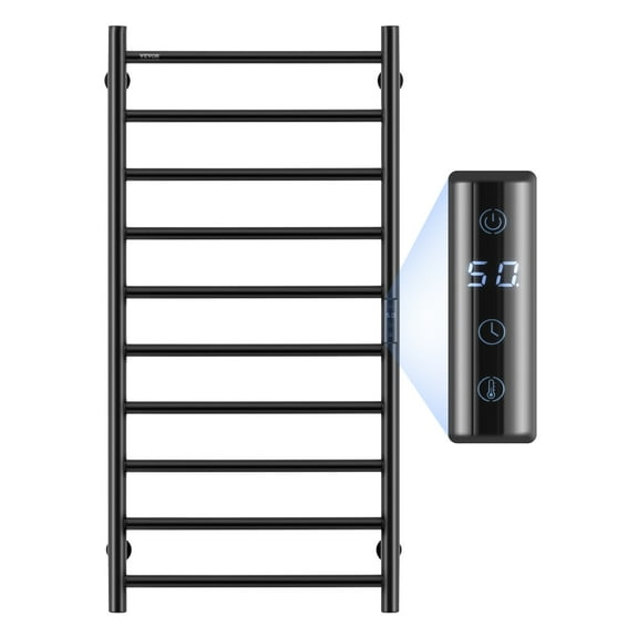 VEVOR 10 Bars Towel Warmer Rack, Wall Mounted Heated Towel Rack for Bathroom, IPX5 Waterpoof Towel Heater Rack with Timer & LED Display Screen, 5 Levels Adjustable Temperature Towel Heater, Black