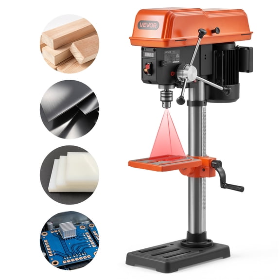 VEVOR 10-Inch Benchtop Drill Press, 5 Amp, 0.8 HP 600W Bench Drill Press, 530-3140 RPM Variable Speed, 0-45° Tilting Worktable, with Laser and LED Work Light, Tabletop Drilling Machine,for Wood Metal