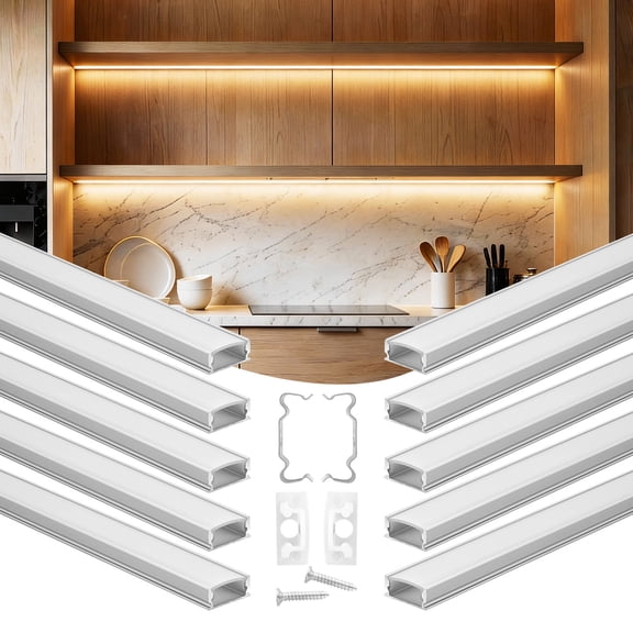 VEVOR 10-Pack 3.3 ft/1M U Shape LED Aluminum Channel, with Milky Cover, End Caps and Mounting Clips, Aluminum Profile for LED Strip Light Installations, Easy Installation, for Under Cabinet Counter