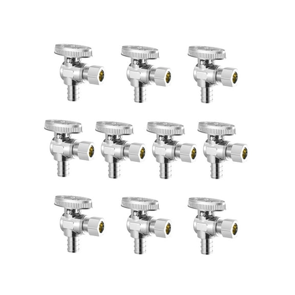 VEVOR 10 Pack Angle Stop Valve, Water Shut Off Valve 1/2" PEX x 3/8" OD Compression, 1/4 Turn Chrome Plated Brass Shutoff Valves for Bathroom Kitchen Toilet Shower Plumbing